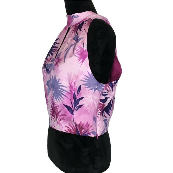 NEW Juliana Collezione 8 Silk Crop Top Pink Purple Tropical Forest Bow Tie Mock - Picture 3 of 7